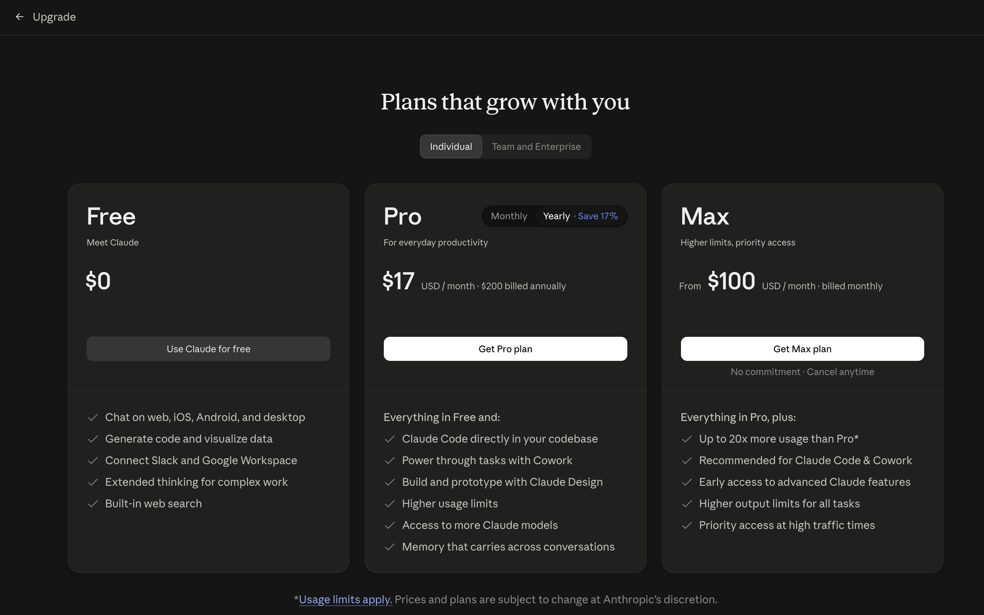 正常示例一：显示 Free、Pro、Max 方案列表